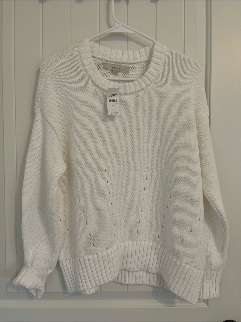 LOFT White Open-Stitch Crewneck Sweater